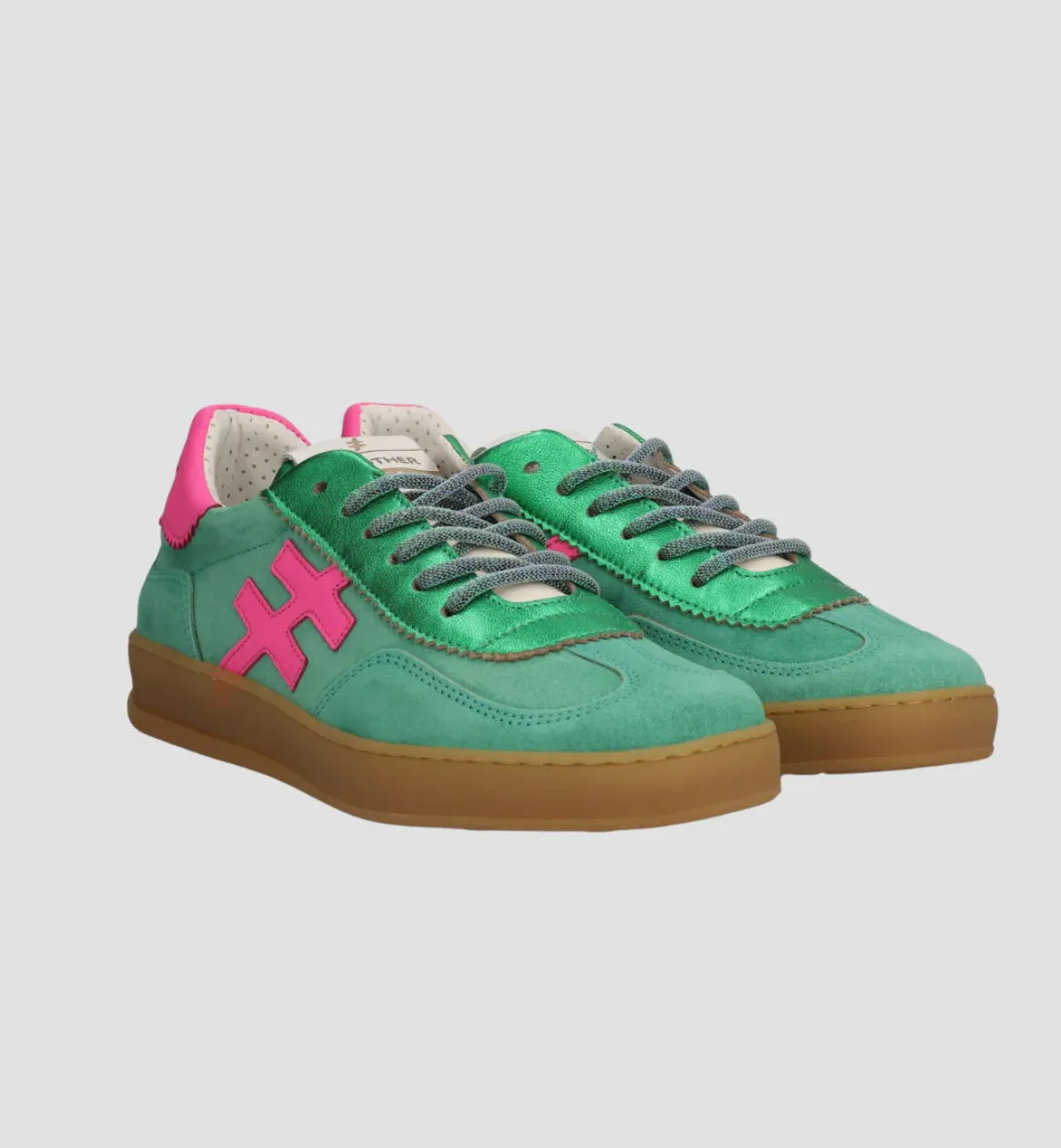 Another Trend - [VENTO]Green Metallic & Suede and Luminous Pink Trainer