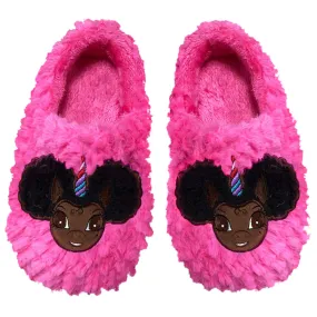 Signature Afro Puff Unicorn Hot Pink Plush Slipper - Dark Brown with Black Hair