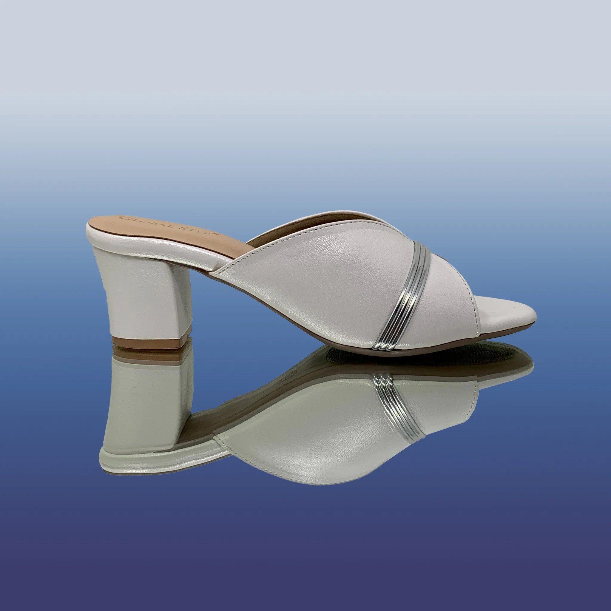 White Block Heel with Silver Accents