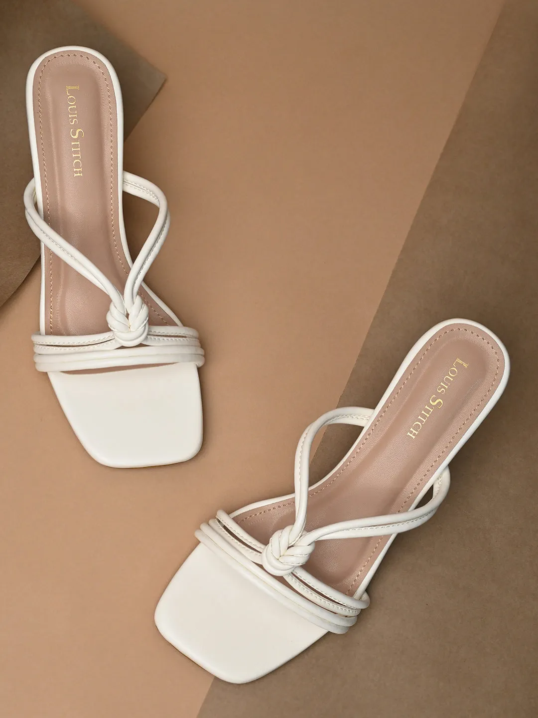Women's White Stilleto Heel Cross Knot Mule Sandals
