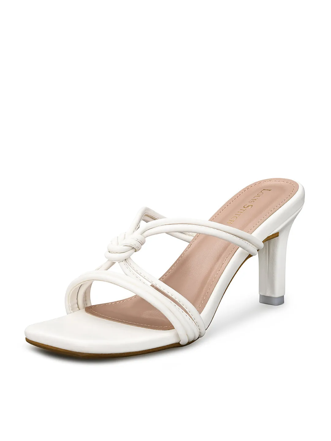 Women's White Stilleto Heel Cross Knot Mule Sandals